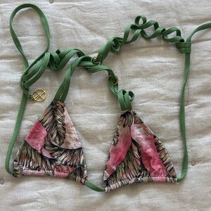 Poema Pink and Green Tropical Print Triangle Bikini Top